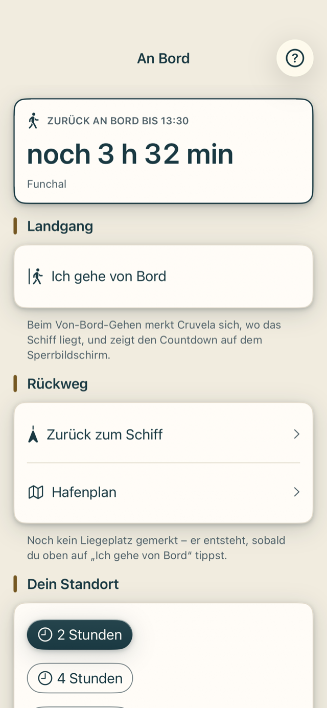 Die An-Bord-Ansicht in Cruvela: „Zurück an Bord bis 21:30, noch 3 Stunden 19 Minuten“, darunter Landgang, Rückweg zum Schiff und Hafenplan.