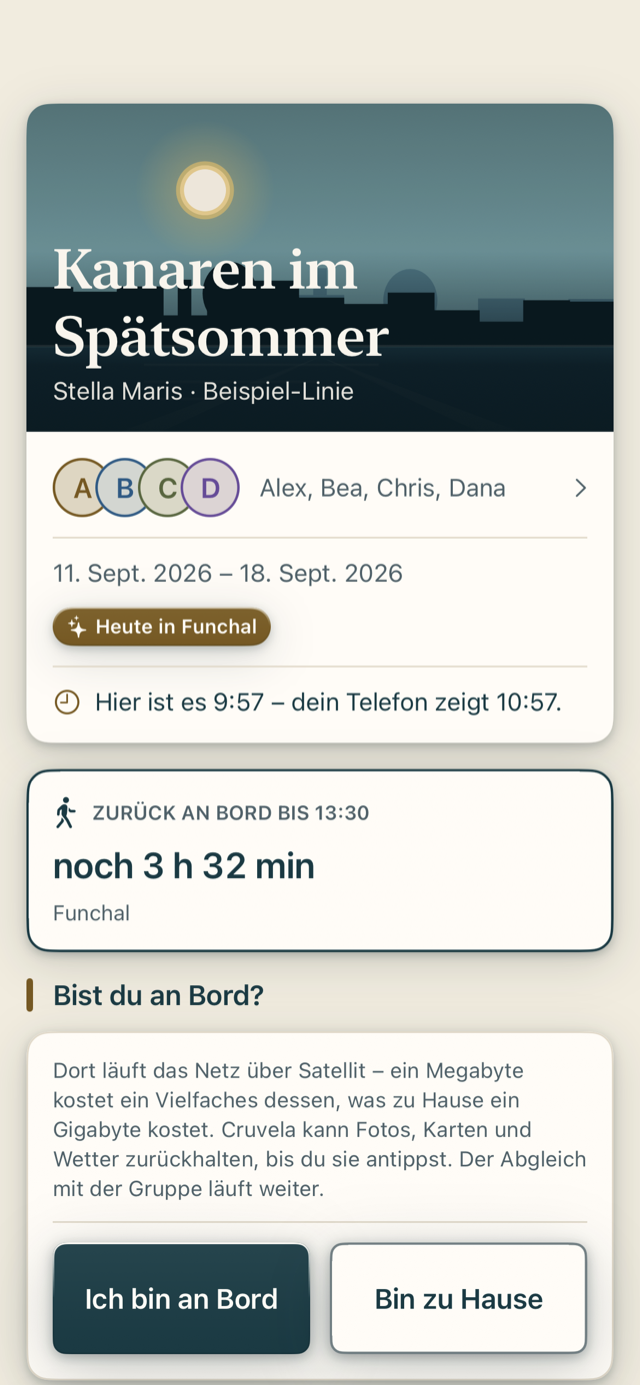 Der Reisekopf in Cruvela: Reise „Kanaren im Spätsommer“, heute in Funchal, darunter der Satz, dass das Telefon eine Stunde vorgeht, und der Countdown „Zurück an Bord“.