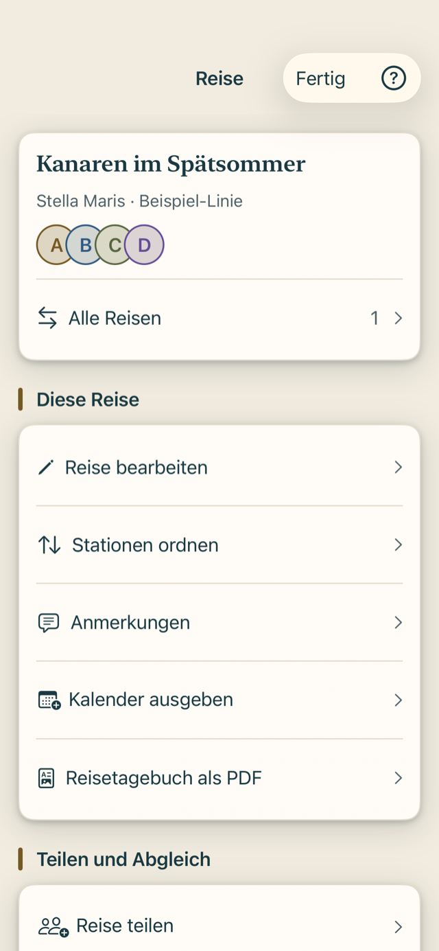 Die Reisemappe in Cruvela: Reise bearbeiten, Stationen ordnen, Anmerkungen, Kalender ausgeben, Reisetagebuch als PDF, darunter Teilen und Abgleich.