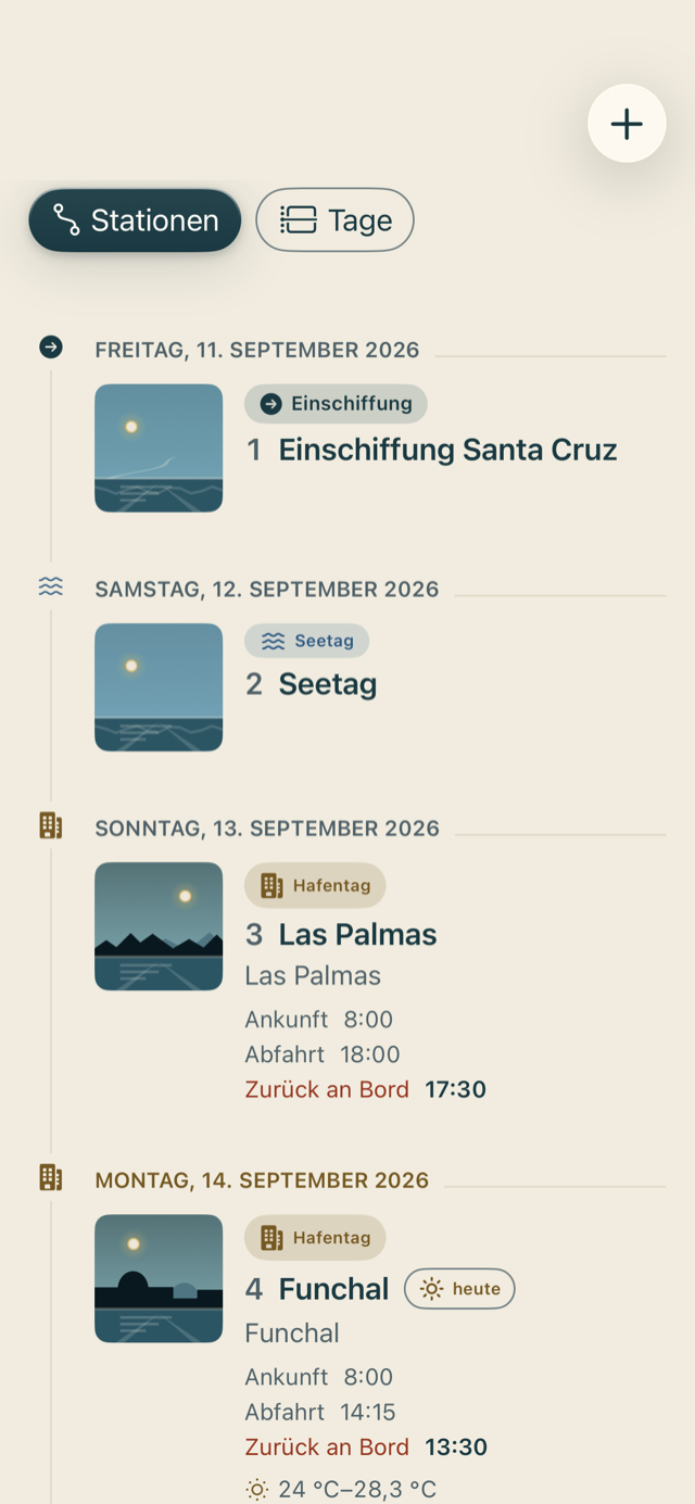 Die Stationsliste in Cruvela: Einschiffung Santa Cruz, Seetag, Las Palmas und Funchal – mit Ankunft, Abfahrt und „Zurück an Bord“.