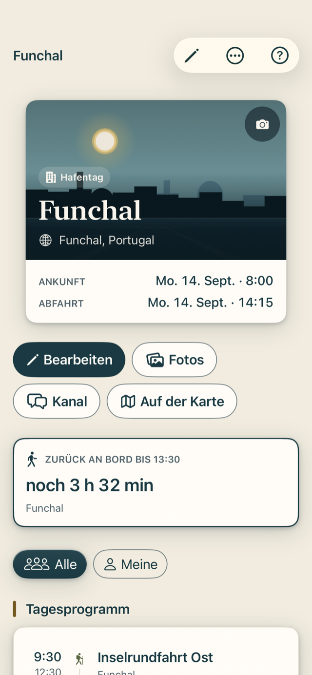 Die Stationsansicht Funchal: Hafentag-Karte mit Ankunft 8:00 und Abfahrt 22:45, darunter Countdown und Tagesprogramm.