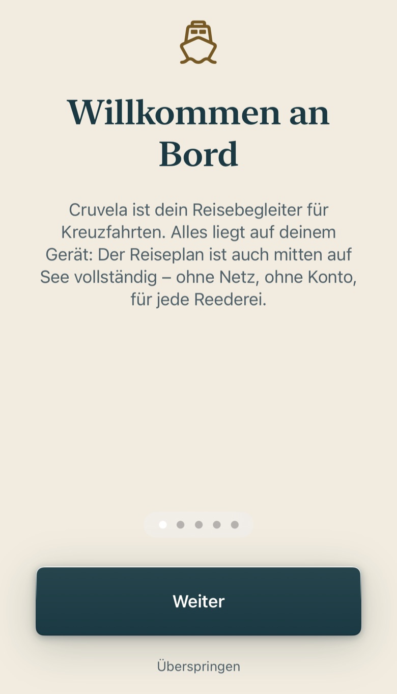 Bildschirm von Cruvela. Ganz unten auf dem Blatt steht Die kurze Einführung ansehen. Das sind die fünf Seiten, die beim allerersten Start kamen.
