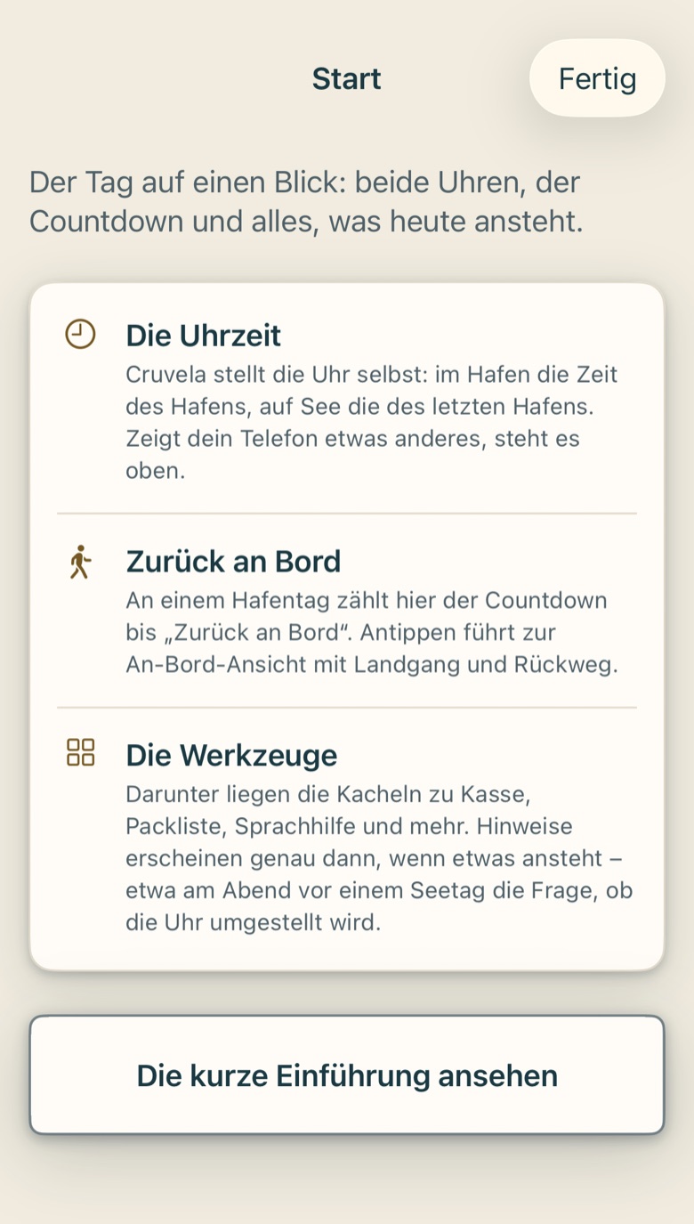 Bildschirm von Cruvela. Du brauchst dieses Handbuch nicht dabeizuhaben. Auf jedem Bildschirm sitzt oben rechts ein Fragezeichen. Tippst du es an, sagt ein kurzes Blatt, was du hier tun kannst.