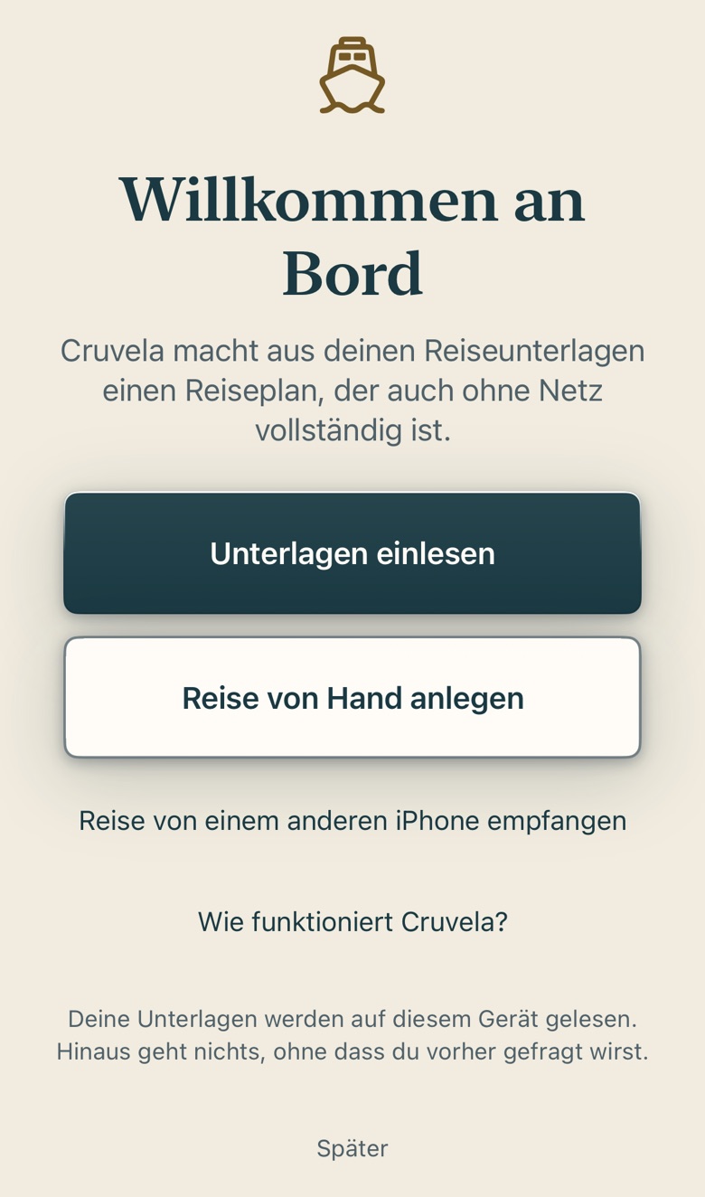 Bildschirm von Cruvela. Danach steht Willkommen an Bord vor dir, mit drei Wegen.