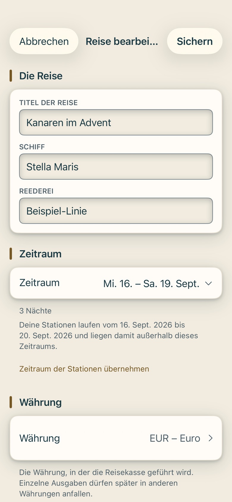 Bildschirm von Cruvela. Scroll noch nicht zum Sichern – erst der Zeitraum.