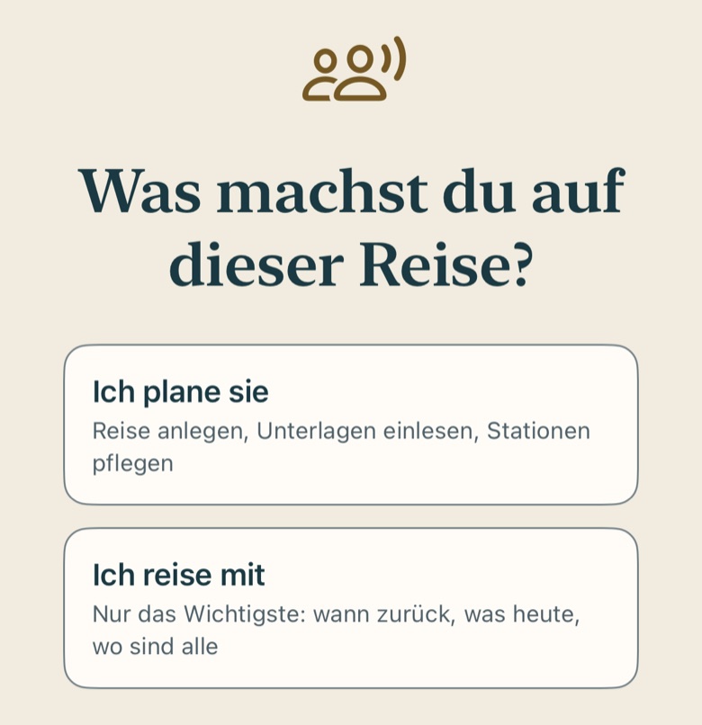 Bildschirm von Cruvela. Beim ersten Öffnen einer Reise fragt Cruvela einmal, wie viel du sehen willst.
