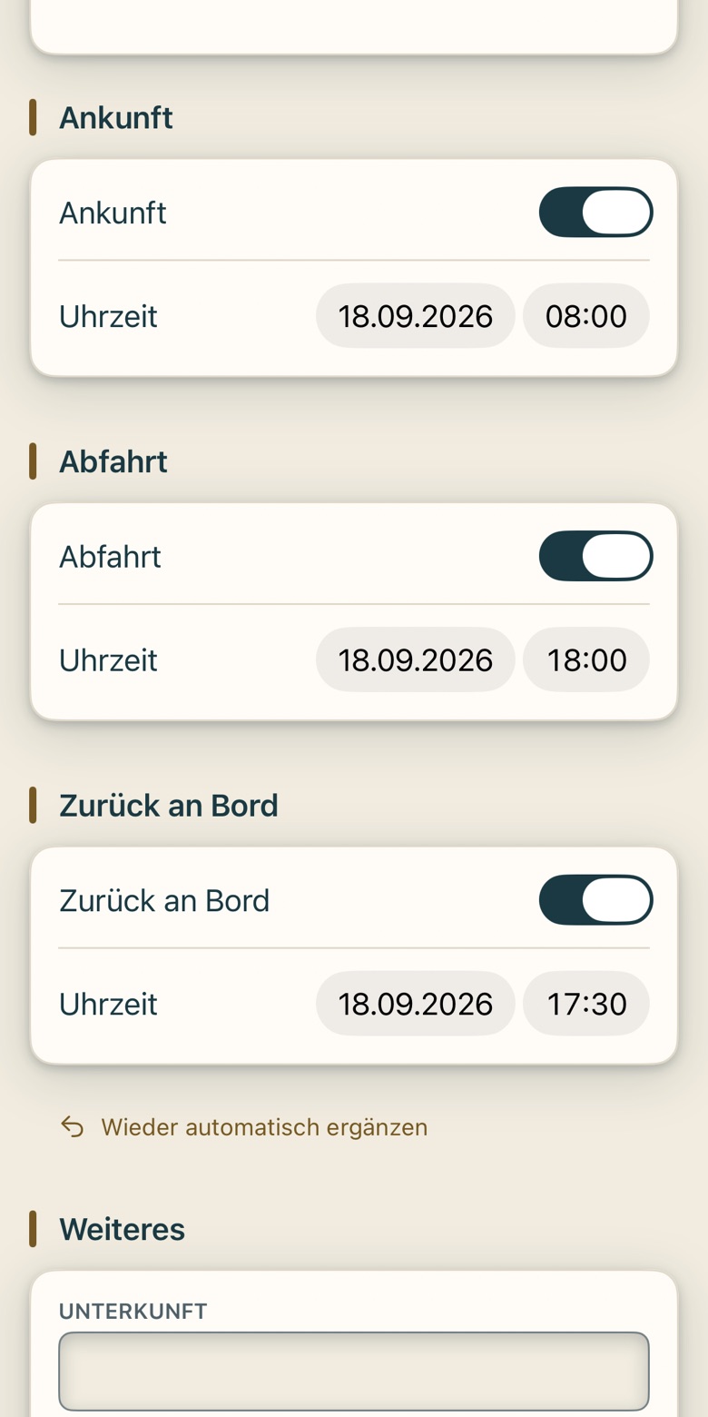 Bildschirm von Cruvela. Jetzt die Uhrzeiten.
