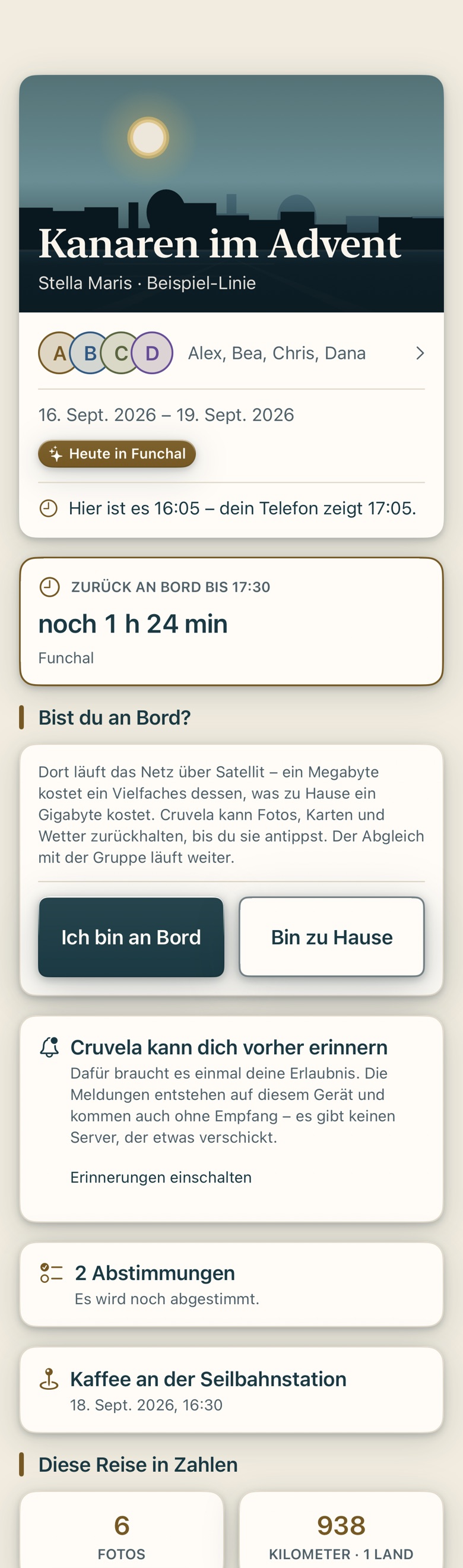 Bildschirm von Cruvela. Oben rechts sitzt das Reisezeichen. Dahinter liegt die Reisemappe mit allem, was man einmal je Reise braucht: bearbeiten, ordnen, teilen, ausgeben, Einstellungen.
