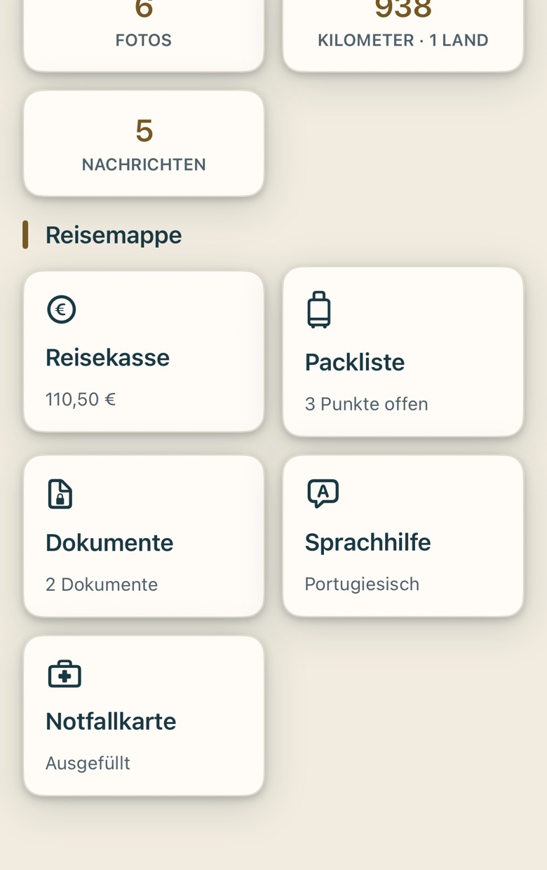 Bildschirm von Cruvela. Weiter unten auf demselben Bildschirm stehen die vier Werkzeugkacheln: