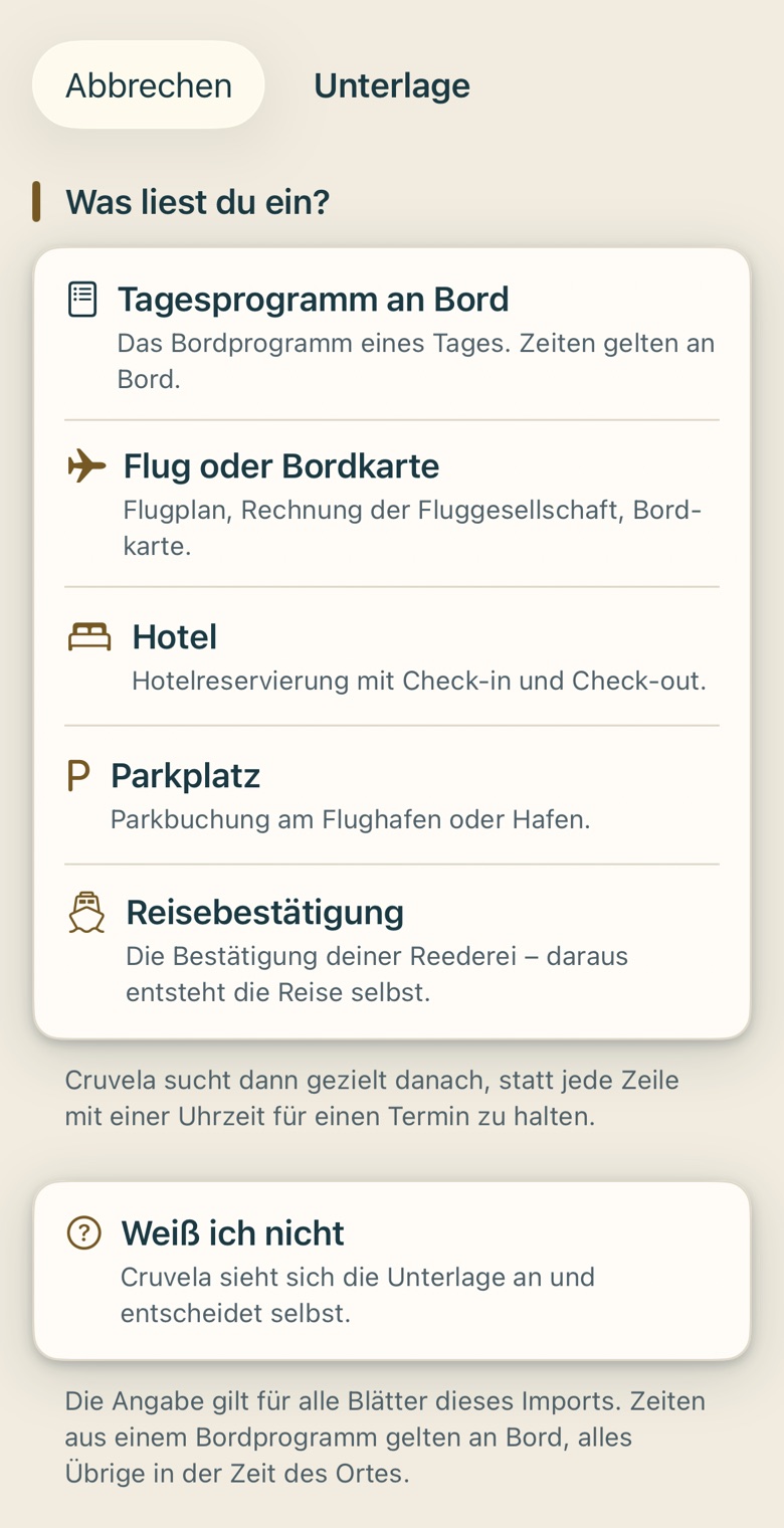 Bildschirm von Cruvela. 1 ist die Zeile auf Start, die zeigt, dass etwas wartet. Die Zahl davor sagt, wie viele Unterlagen ungeprüft sind. Antippen führt geradewegs in die Reise-Inbox.