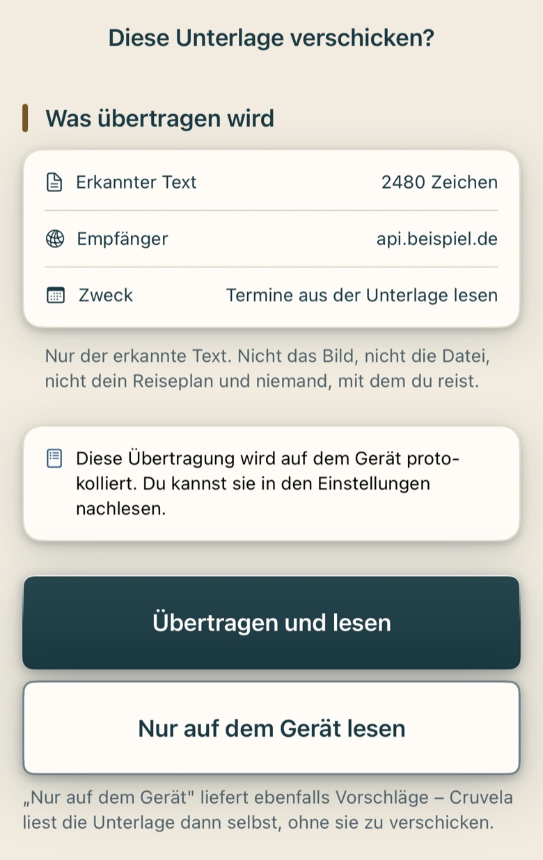 Bildschirm von Cruvela. Für schwierige Unterlagen – schlechte Kopien, ungewöhnliche Tabellen, fremde Sprache – kann sie zusätzlich ein Sprachmodell im Netz fragen. Das passiert nie von selbst, und Cruvela bringt dafür keinen eigenen Dienst …