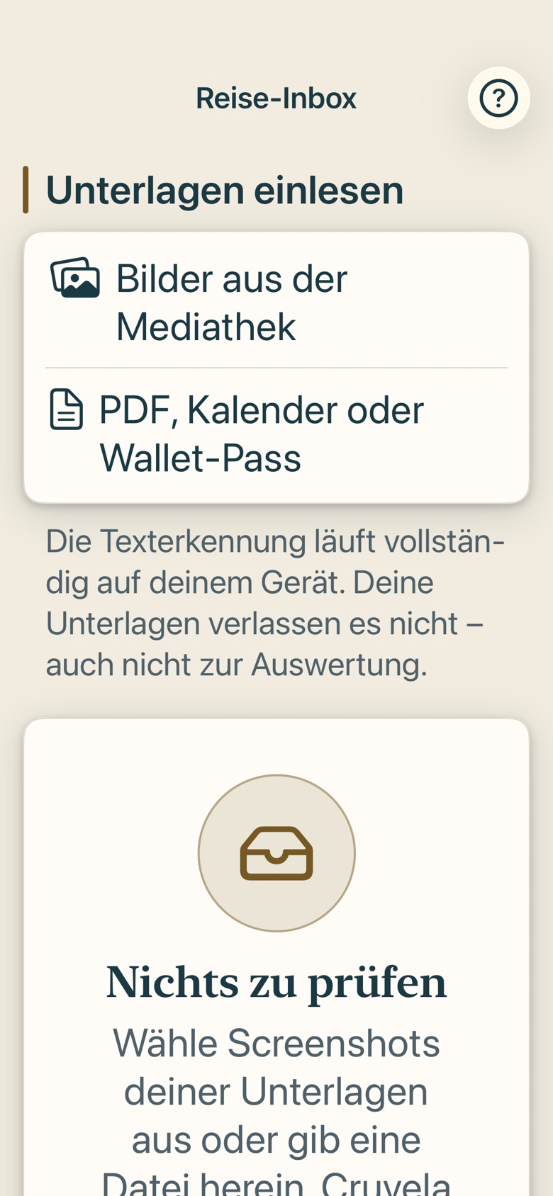 Bildschirm von Cruvela. Kapitel 03 · Unterlagen einlesen – die Reise-Inbox.
