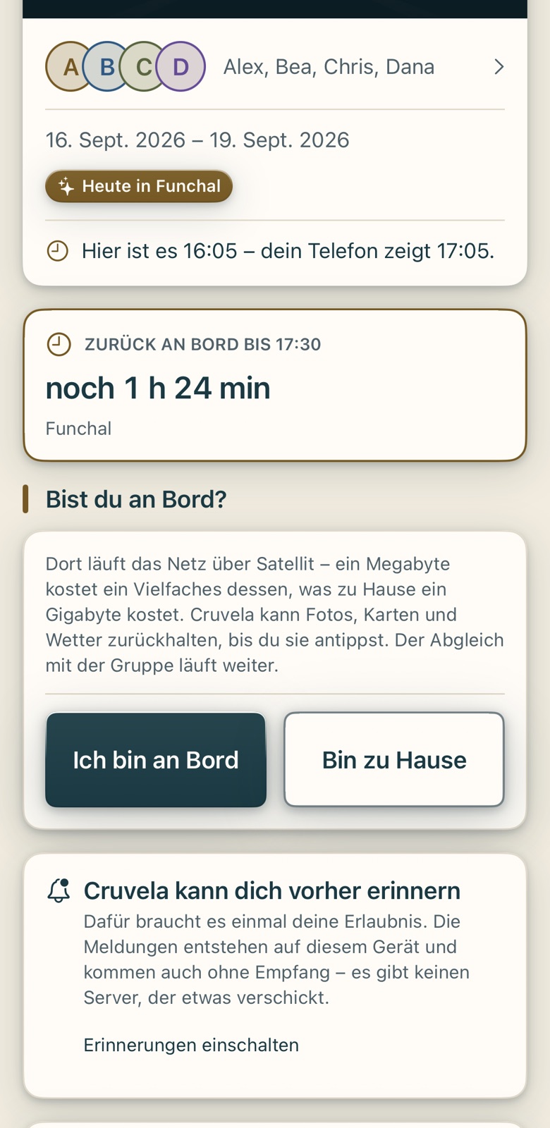 Bildschirm von Cruvela. Dein Telefon stellt sich nie von selbst auf die Uhr an Bord um. Es folgt dem Mobilfunknetz, und das fehlt genau dann, wenn es darauf ankommt: