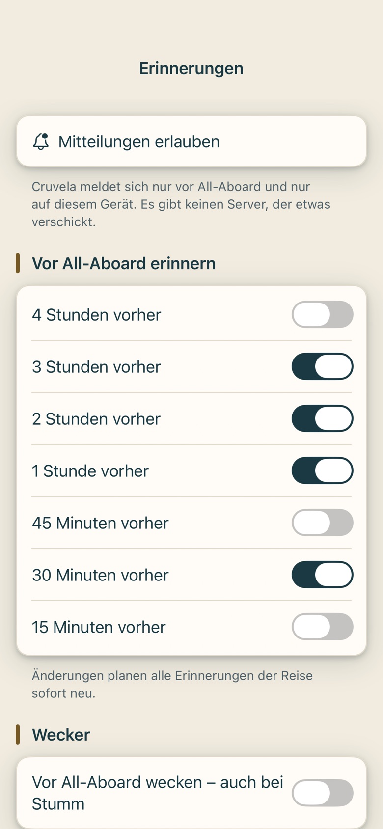 Bildschirm von Cruvela. Ohne Netz wartet die Meldung auf dem Gerät und geht beim nächsten Öffnen hinaus. Du musst nichts wiederholen und nichts merken.