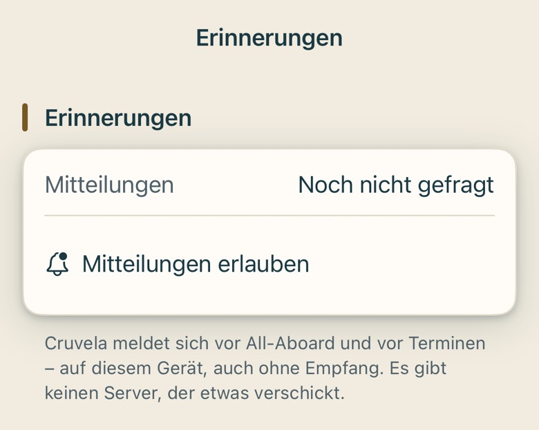 Bildschirm von Cruvela. Der Wecker ersetzt die Erinnerungen aus 5.6 nicht – die kommen weiter, auch auf dem iPhone 12, wo es keinen Wecker gibt.