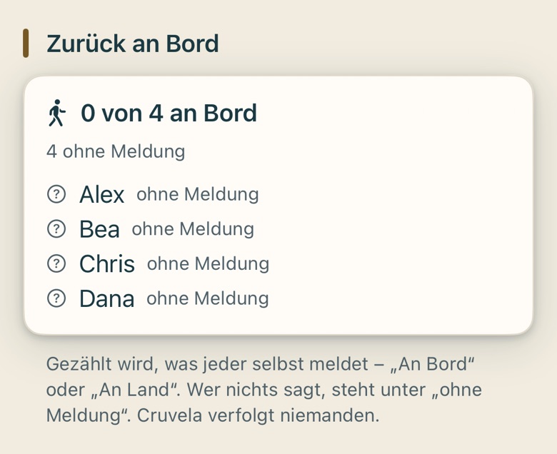 Bildschirm von Cruvela. Kommst du zurück, tippe An Bord. Cruvela beendet den Landgang und – falls du ihn geteilt hattest – auch die Standortfreigabe.