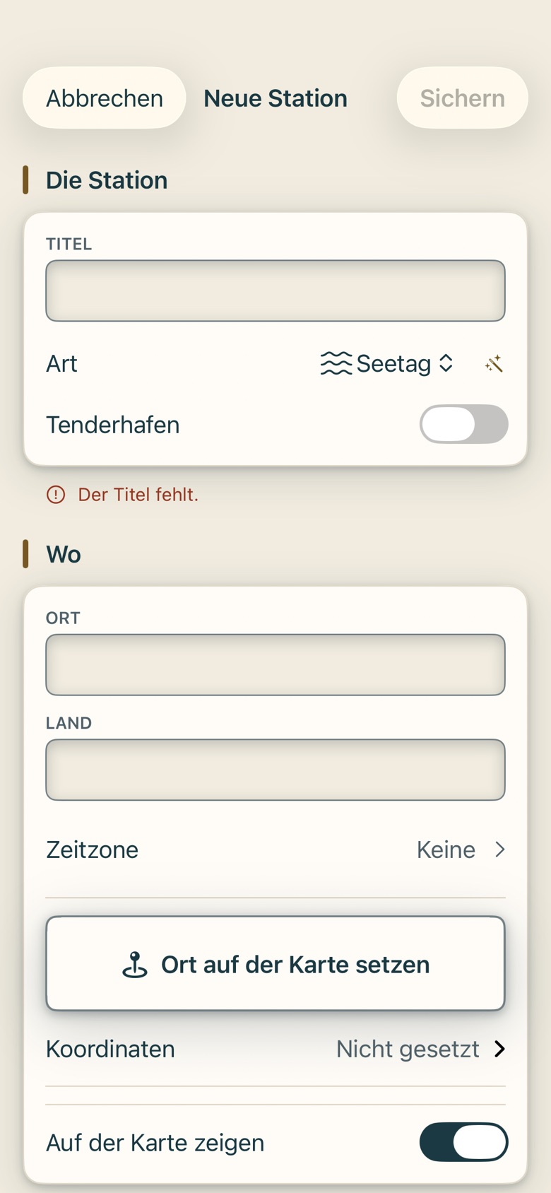 Bildschirm von Cruvela. Die Zeitleiste läuft von oben nach unten durch die Reise. Der Tag, der gerade läuft, ist hervorgehoben – du musst nicht suchen, wo du bist.