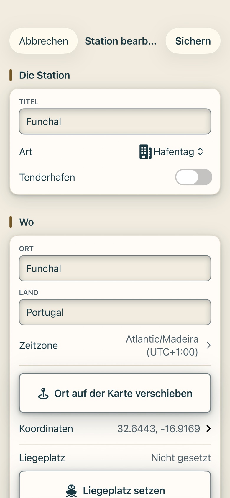 Bildschirm von Cruvela. Das ganze Formular arbeitet ohne Netz. Ortsverzeichnis, Zeitzonen und Währungen liegen in der App.