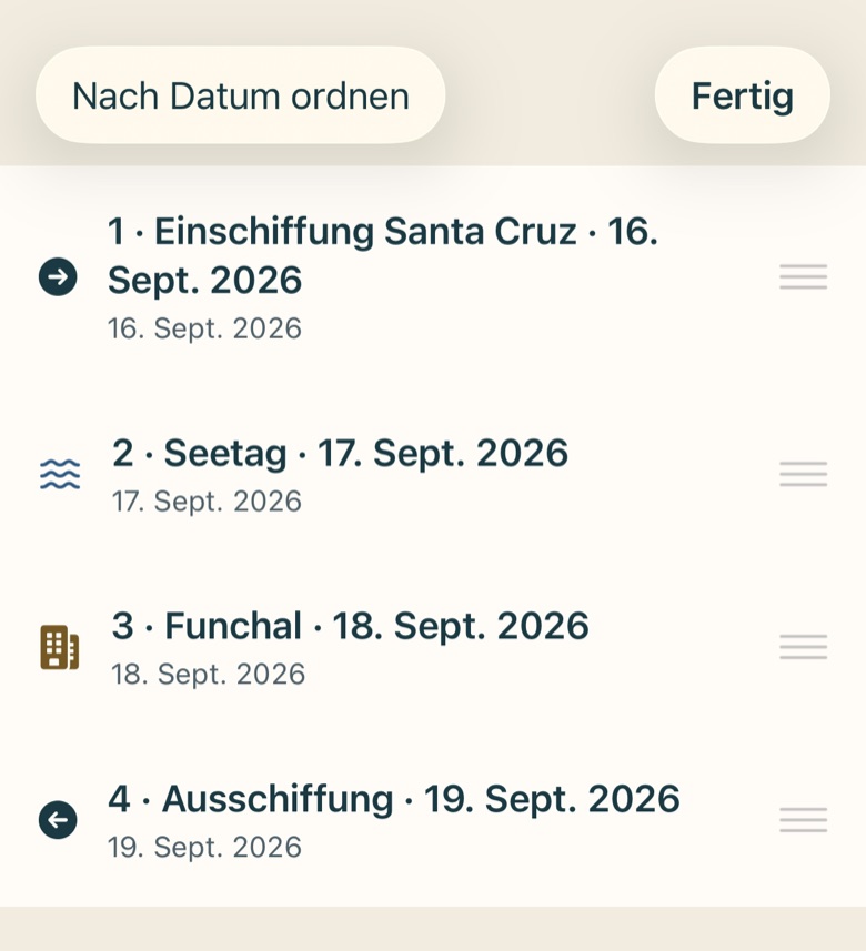 Bildschirm von Cruvela. Beim Termin gibt es beides: die Notiz ist die eine Zeile („Handtücher mitnehmen"), die Beschreibung der lange Text. Ein Merkzettel und eine Wegbeschreibung sind nicht dasselbe – unter einem Absatz begraben wäre der …