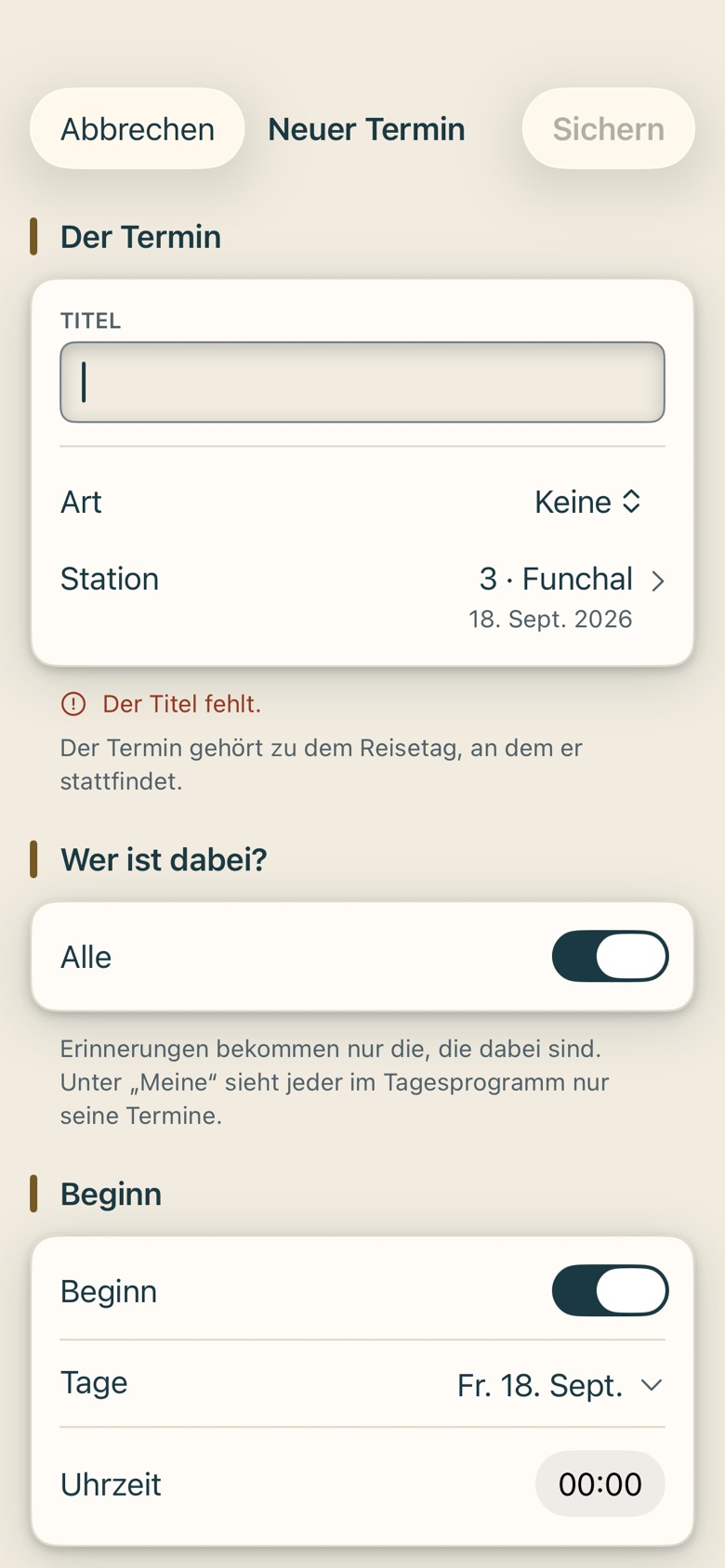 Bildschirm von Cruvela. Unter dem Tageswähler stehen Alle und Meine. Unter Meine siehst du nur die Termine, die dich betreffen – alle, die für die ganze Gruppe gelten, und die, bei denen du dabei bist (6.9). Die Wahl gilt auch im …