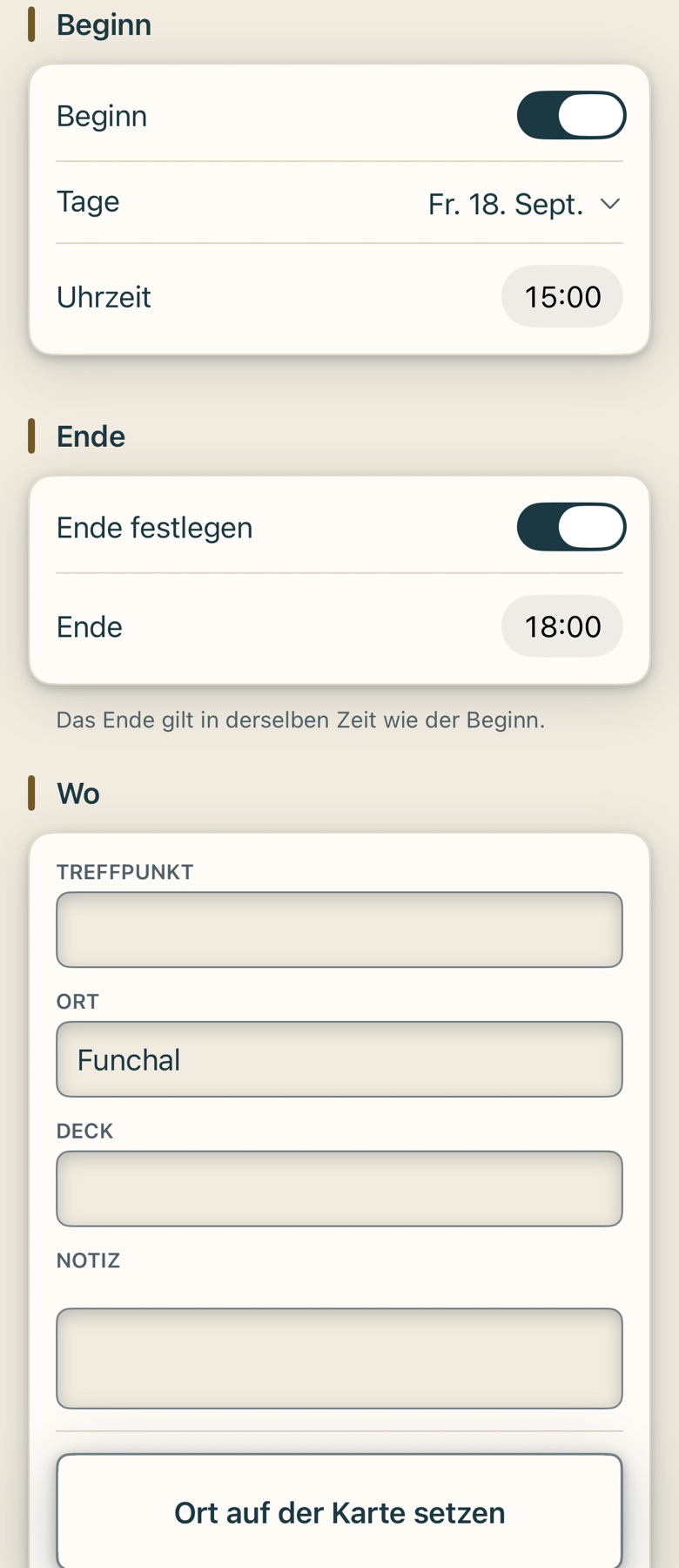 Bildschirm von Cruvela. 3 Station – zu welchem Tag der Termin gehört.