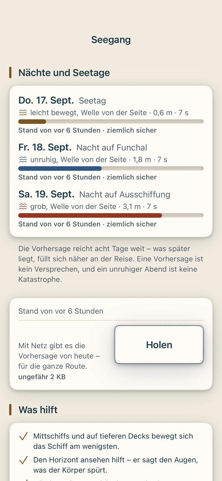 Bildschirm von Cruvela. Das Übliche ist immer da. Der Umschalter nennt den Monat deiner Station – „Im Januar" –, damit klar ist, dass die Werte für die Reise gelten und nicht für heute. Es liegt in der App, kostet keinen Aufruf und steht …