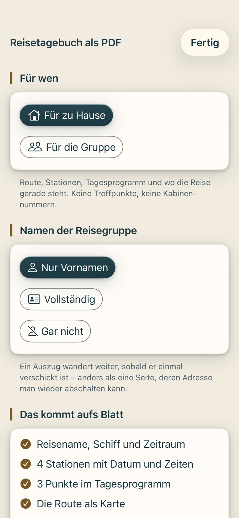 Bildschirm von Cruvela. Kalender ausgeben legt die Termine als Datei ab oder direkt in deinen iPhone-Kalender.