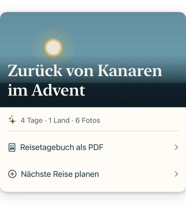 Bildschirm von Cruvela. Das PDF entsteht auf dem Gerät und bleibt dort, bis du es weitergibst. Deshalb steht es bei „Diese Reise" und nicht bei „Teilen".