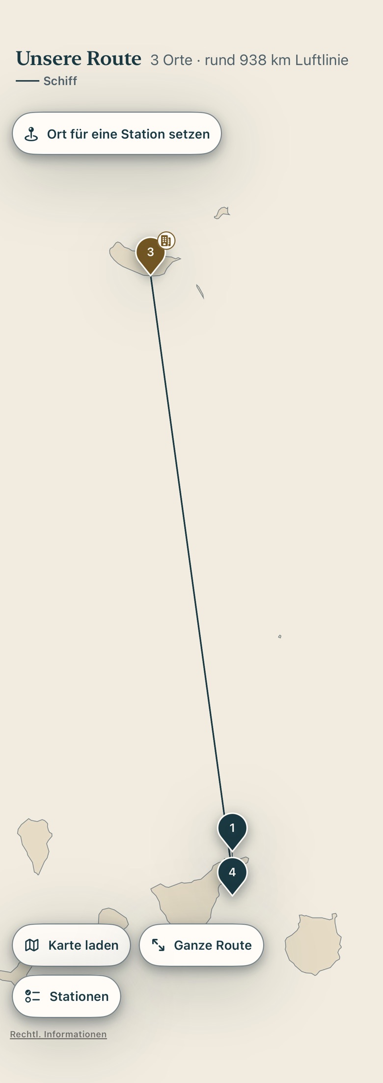 Bildschirm von Cruvela. Die Karte hat zwei Gesichter: eines mit Netz und eines ohne. Beide zeigen deine Route.