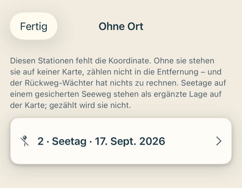 Bildschirm von Cruvela. Eine Station ohne Koordinaten steht auf keiner Karte. Das passiert, wenn der Ort nicht im Verzeichnis stand oder gar keiner eingetragen wurde.