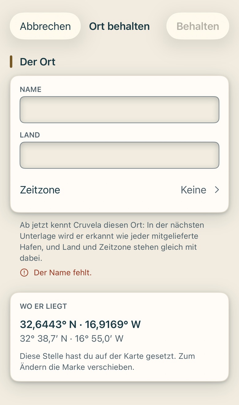 Bildschirm von Cruvela. Cruvela kennt 346 Häfen. Deiner ist nicht dabei? Dann behältst du ihn selbst.