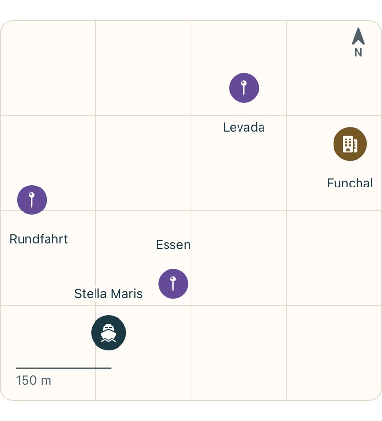 Bildschirm von Cruvela. 3 Punkte des Tages – die Ziele deiner Termine, jeder mit seiner Entfernung. Steht dort „Kein Ort gemerkt", fehlt dem Termin die Ortsangabe (Kapitel 6.9); Hier daneben setzt ihn auf deinen jetzigen Standort.