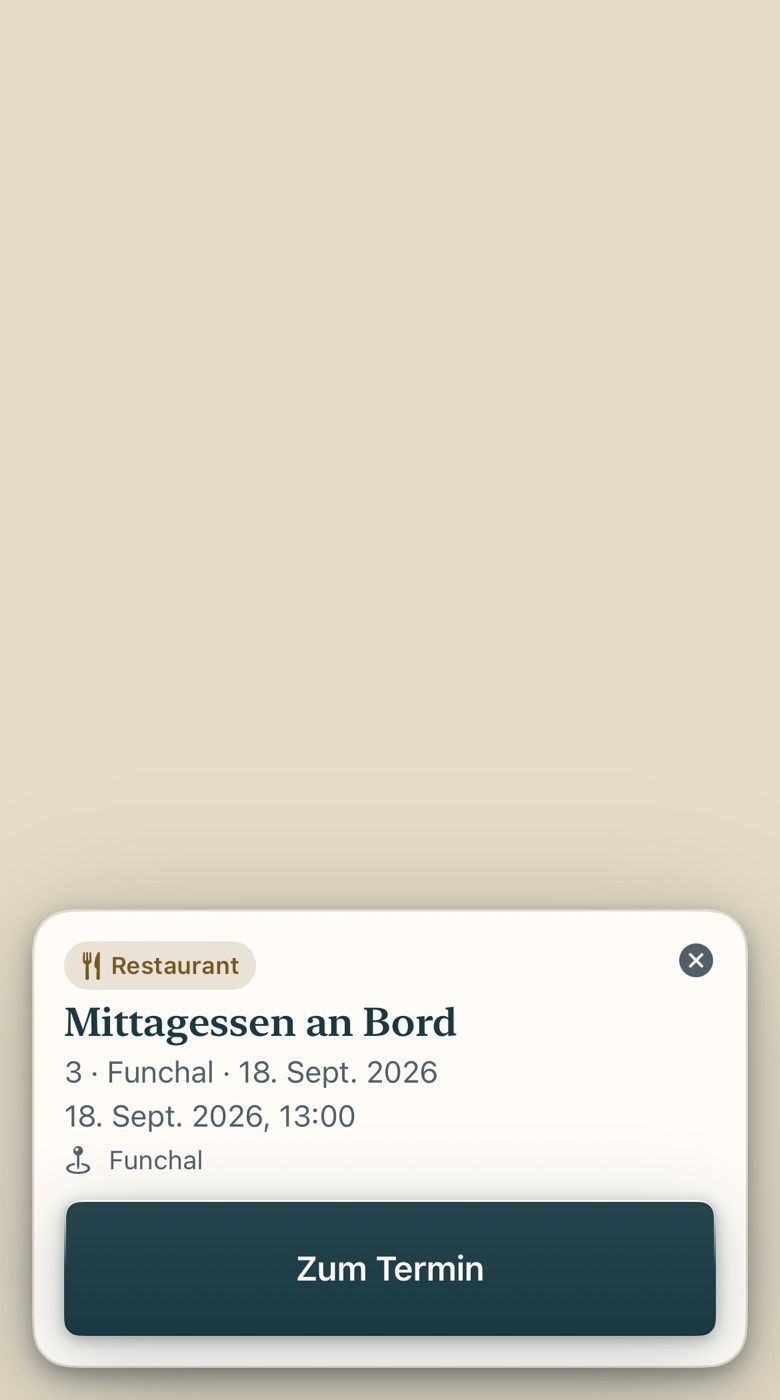 Bildschirm von Cruvela. Mit Termine zeigen stehen die Termine, die einen Ort haben, als kleine Marken an ihrer Station. Ein Tipp auf eine Marke zeigt den Termin: