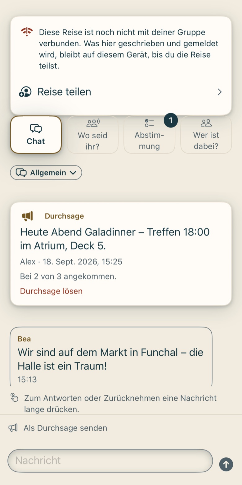 Bildschirm von Cruvela. Alles, was mit den anderen zu tun hat, liegt im Reiter Gruppe.