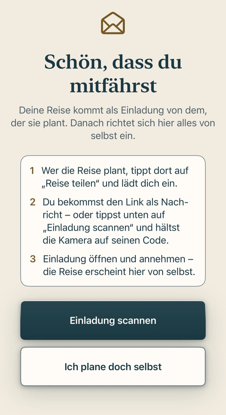 Bildschirm von Cruvela. Bekommst du eine Einladung, tippe den Link an. Oder in der Liste Alle Reisen oben das Scanner-Zeichen und den QR-Code abscannen.