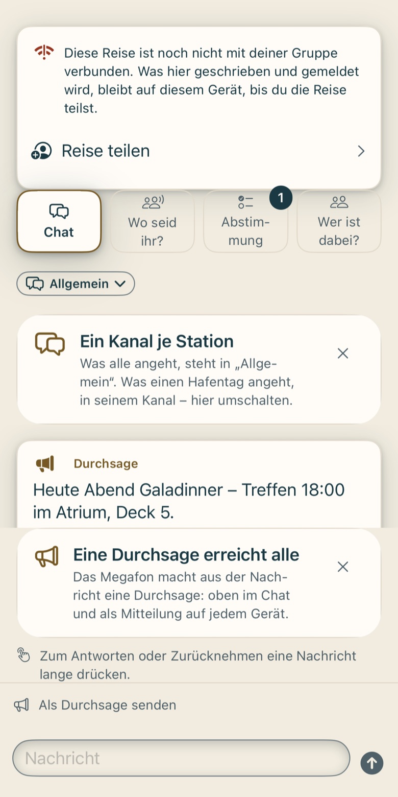 Bildschirm von Cruvela. Du bekommst die ganze Reise – Reiseplan, Stationen, Termine und Chat –, nicht nur eine Ansicht davon. Sie liegt danach auf deinem Gerät und funktioniert ohne Netz. Nur die Notfallkarte der anderen bekommst du nicht: …