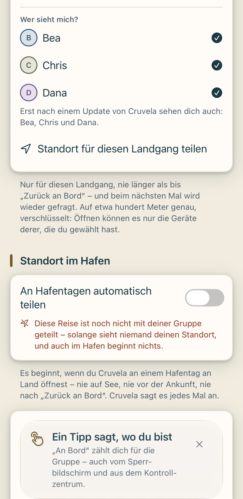 Bildschirm von Cruvela. Die Mitteilung schickt Apple, sobald die Durchsage in der Wolke ist – wer gerade kein Netz hat, sieht sie beim nächsten Abgleich oben im Chat.