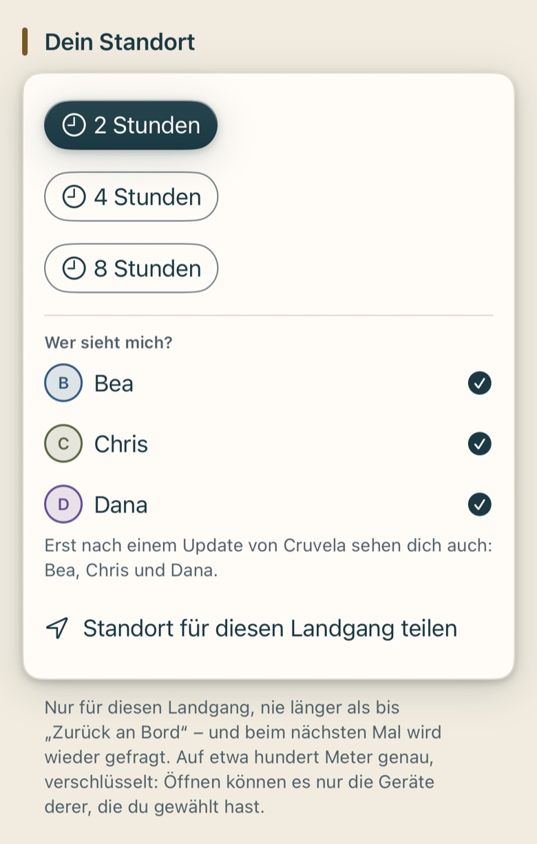 Bildschirm von Cruvela. Die Meldung steht sofort auf deinem Gerät und geht hinaus, sobald es Netz gibt. Die Meldungen der anderen sind so alt, wie es das letzte Mal Verbindung gab – Cruvela sagt das an jeder Zeile dazu.