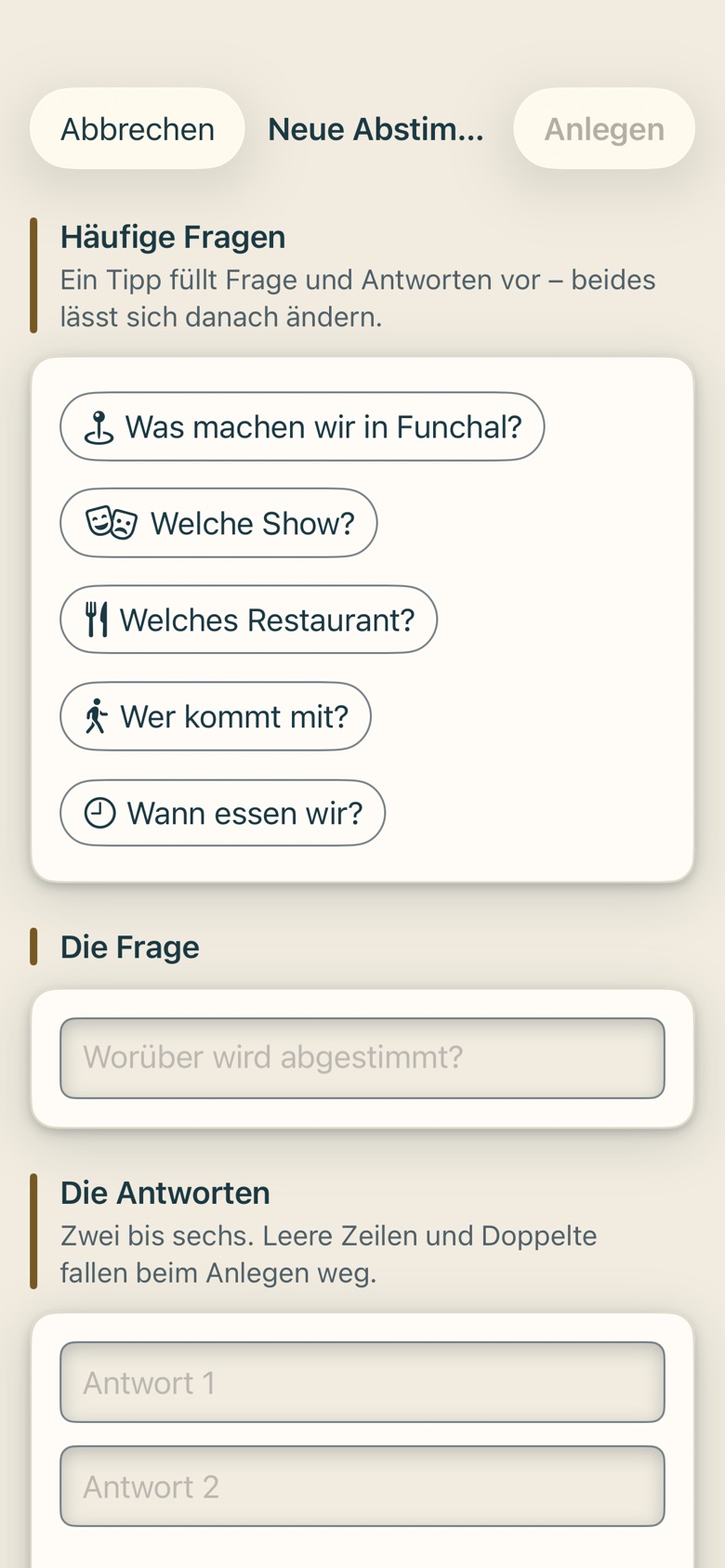 Bildschirm von Cruvela. Erinnert wird, wer komme gewählt hat – auf dem eigenen Gerät, auch wenn jemand anders den Treffpunkt angelegt hat. Wer ihn anlegt, wird erinnert, bis er schaffe es nicht wählt. Verschiebt jemand die Zeit, klingelt …