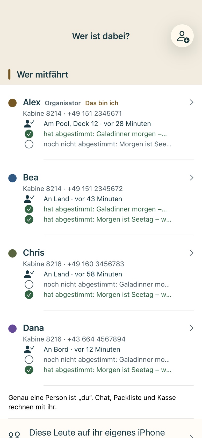 Bildschirm von Cruvela. Hier siehst du auf einen Blick, wer mitfährt – und was die anderen gerade machen.