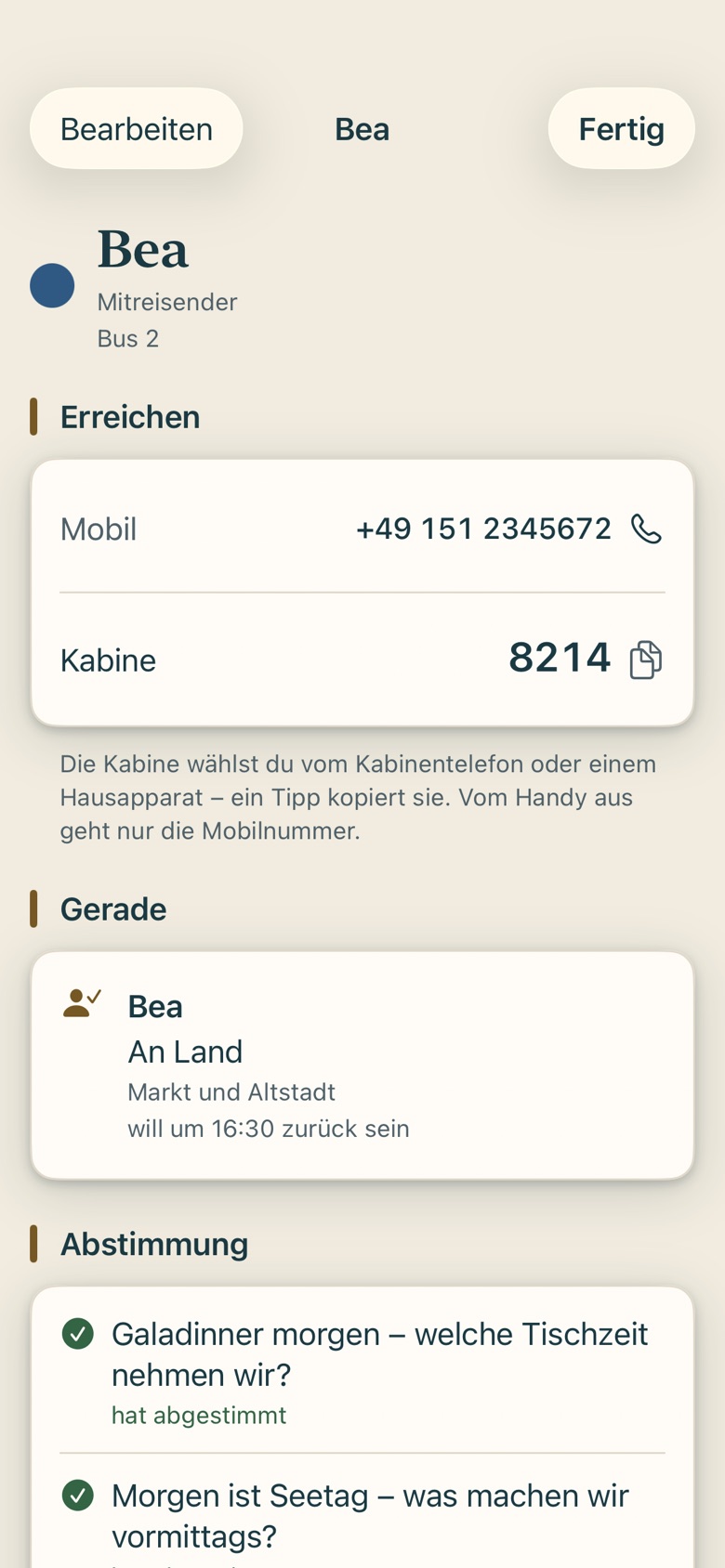 Bildschirm von Cruvela. Die Farbe zieht sich durch die ganze App: im Chat, auf dem Board, in der Kasse.