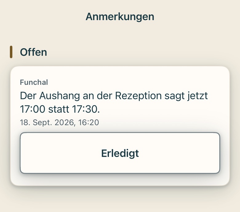 Bildschirm von Cruvela. 2 schickt sie ab. Cruvela hängt sie an die Stelle, um die es geht – an die Station, den Termin oder die Reise.