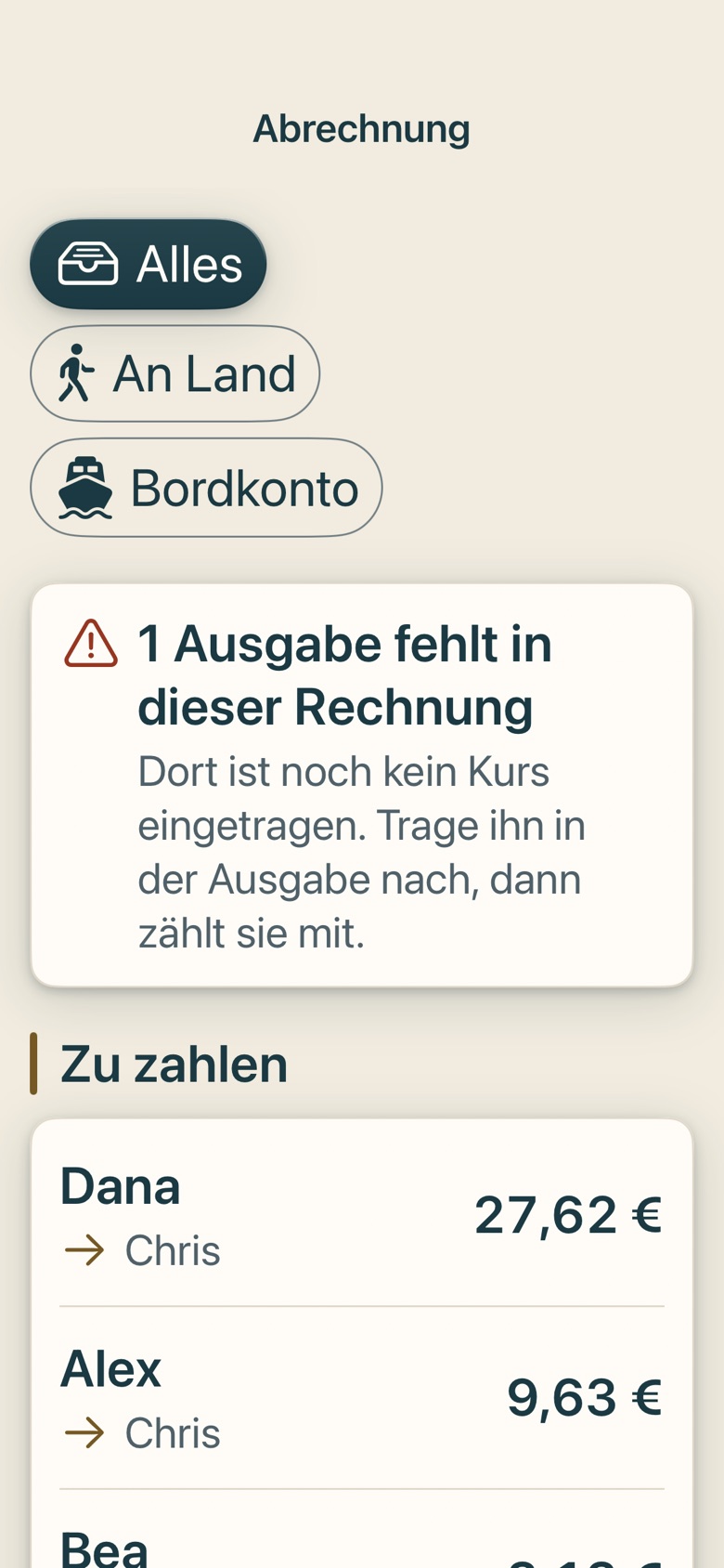 Bildschirm von Cruvela. Kapitel 10 · Die Reisekasse – die Abrechnung.