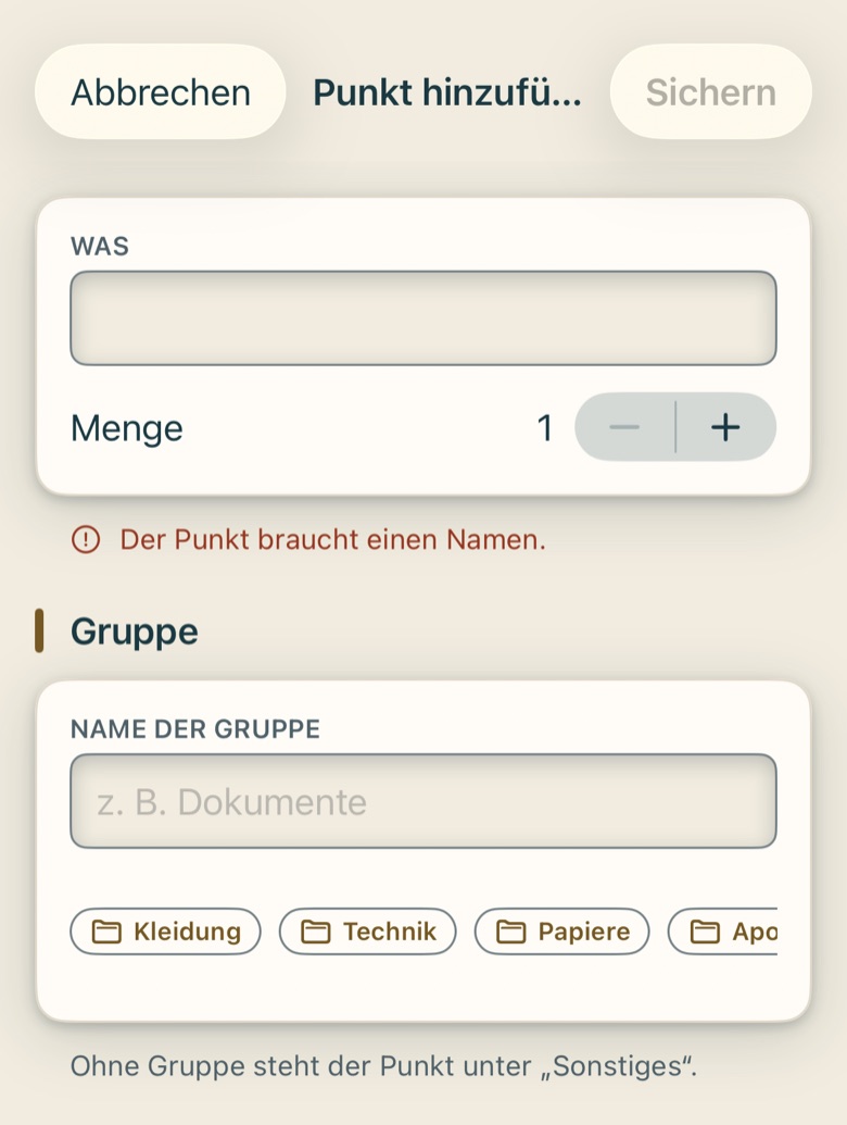 Bildschirm von Cruvela. Deshalb funktioniert die Liste für eine Familie: „Reisepass" steht einmal da, und trotzdem sieht jeder, ob er seinen eingepackt hat.