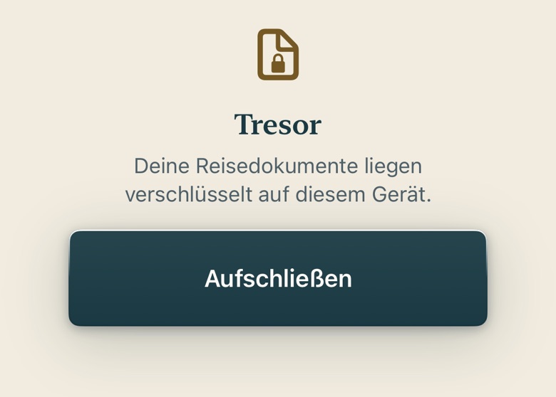 Bildschirm von Cruvela. Pass, Ticket, Versicherungsschein: Hier liegen sie verschlüsselt auf deinem Gerät.