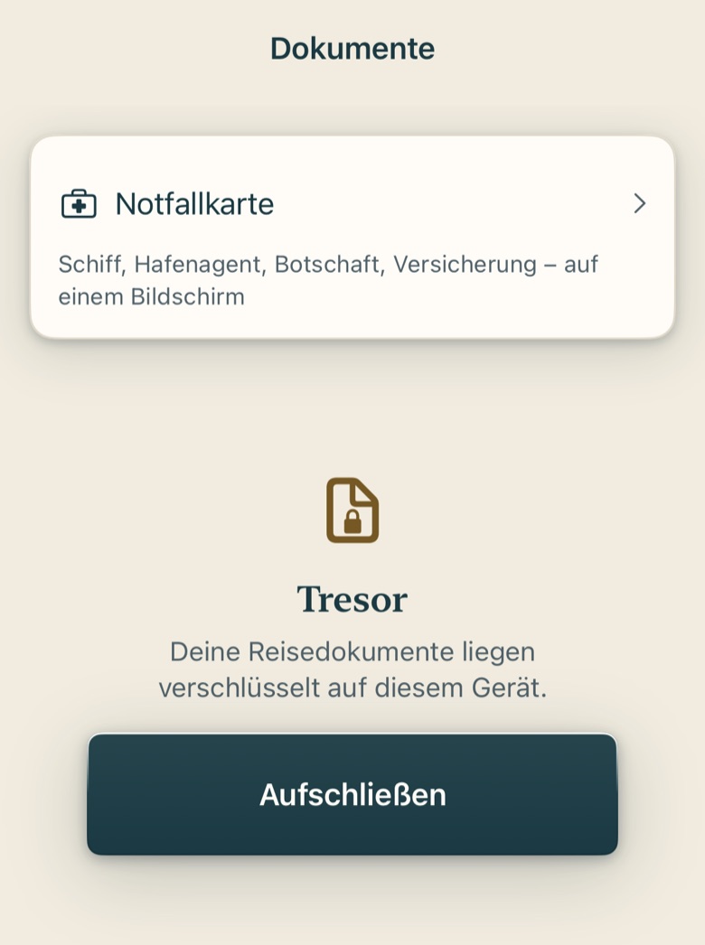 Bildschirm von Cruvela. Solange der Tresor zu ist, siehst du nur dieses Schild. 1 ist Aufschließen – mit Face ID, Touch ID oder deinem Gerätecode.