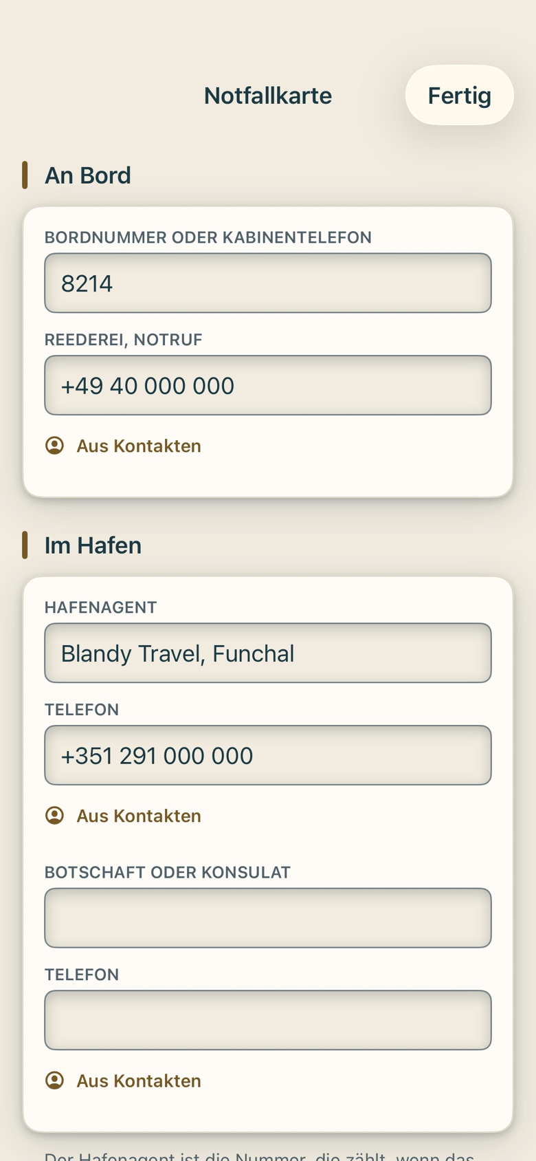 Bildschirm von Cruvela. Die Notfallkarte geht nie an die Gruppe. Sie ist deine – weder das Teilen einer Reise noch eine Übergabe oder der Export nimmt sie mit. Jeder in der Gruppe hat seine eigene Karte auf seinem eigenen Telefon. …