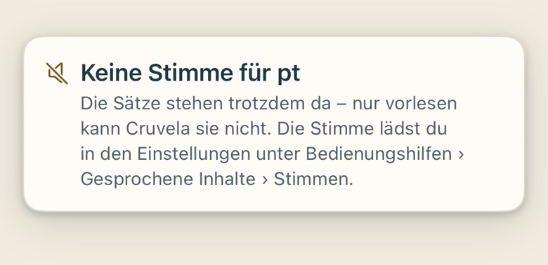 Bildschirm von Cruvela. Der Lautsprecher an der Karte spricht den Satz in der Landessprache. Cruvela benutzt dafür die Stimmen, die auf deinem iPhone liegen.