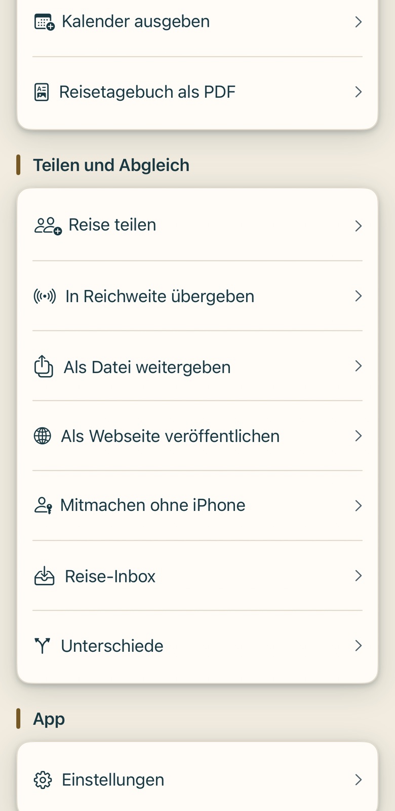 Bildschirm von Cruvela. Übergabe und Weitergabe: Eine Reise auf ein anderes iPhone bringen – auch ohne Internet.