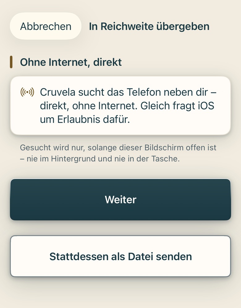 Bildschirm von Cruvela. Über die direkte Verbindung kosten die Bilder kein Datenvolumen – anders als über die Wolke. Bei sechshundert Bildern dauert es trotzdem. Die Fotos gehen unverändert hinaus – wo ein Foto aufgenommen wurde, kann darin …
